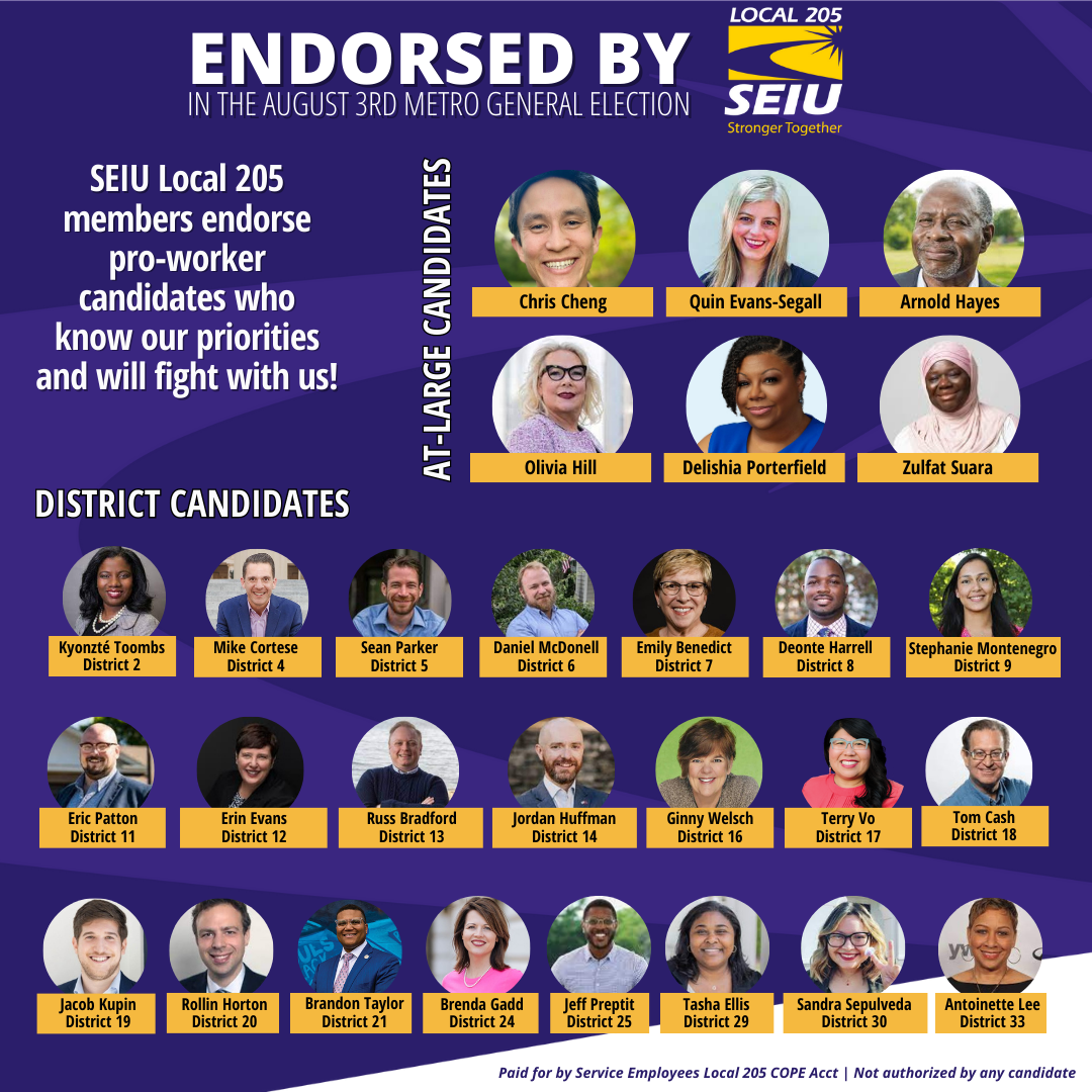 SEIU Local 205 Endorses 6 At-Large and 22 District Candidates in Metro Nashville General Election